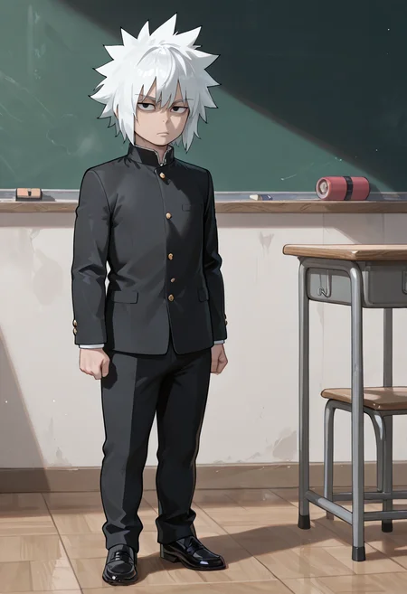 masterpiece, general, absurdres, newest, perfect quality, best quality, absolutely eye-catching, ambient occlusion, raytracing, LordJiraiya, JiraiyaGenin, 1boy, solo, aged_down, black_eyes, white_hair, medium_hair, spiked_hair, gakuran, black_footwear, classroom, bored, <lora:Jiraiya:0.8>