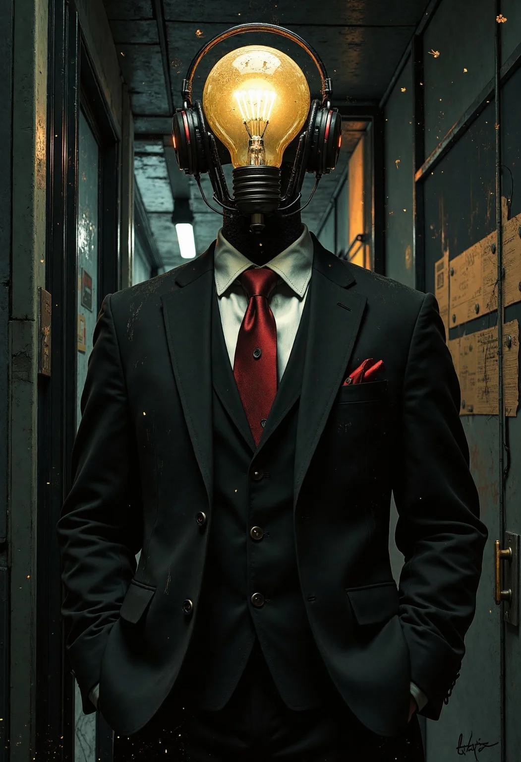 A gentleman's head is not a human head, but a light bulb, dark background，