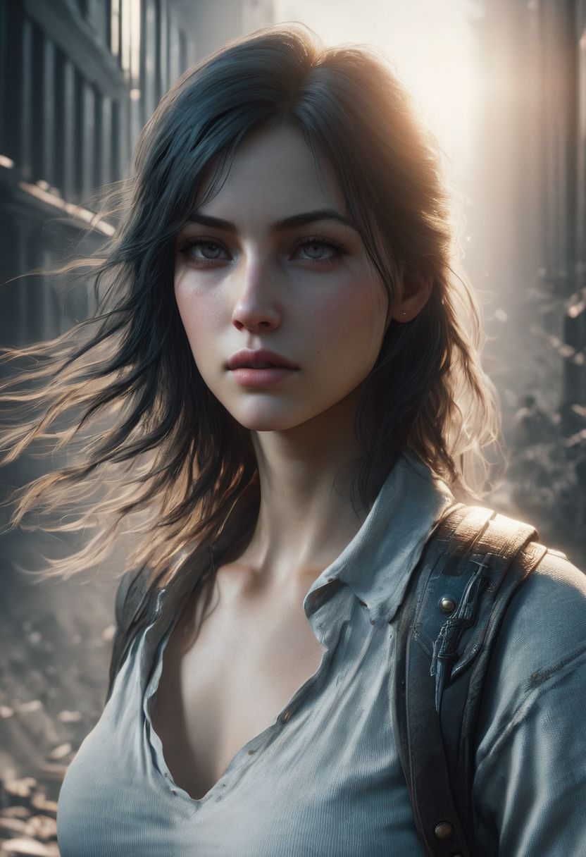 Minimalism, A character with an overhead view angle, lens flares, more dramatic lighting, deeper, a colder color grading, sweat, her expression is of fierce determination, 8k resolution, ultra HDR, and ghostly beauty. hourglass body with The image should reflect intricate details, raw photo quality, and a windy atmosphere. She is holding a sword in her hand. Make her wear shorts clothes. Add more realistic skin. Clear background. Make her more realistic. Remove motion blur. Make image quality same midjourney. Make image same concept game. Make her details and sharpness. Make her skin natural. Concept art portrait by Gottfried Helnwein. Add more graphics quality of Unreal Engine 5.