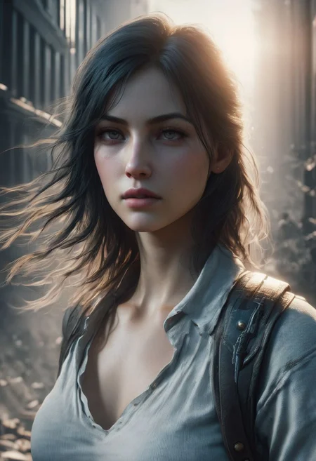 Minimalism, A character with an overhead view angle, lens flares, more dramatic lighting, deeper, a colder color grading, sweat, her expression is of fierce determination, 8k resolution, ultra HDR, and ghostly beauty. hourglass body with The image should reflect intricate details, raw photo quality, and a windy atmosphere. She is holding a sword in her hand. Make her wear shorts clothes. Add more realistic skin. Clear background. Make her more realistic. Remove motion blur. Make image quality same midjourney. Make image same concept game. Make her details and sharpness. Make her skin natural. Concept art portrait by Gottfried Helnwein. Add more graphics quality of Unreal Engine 5.