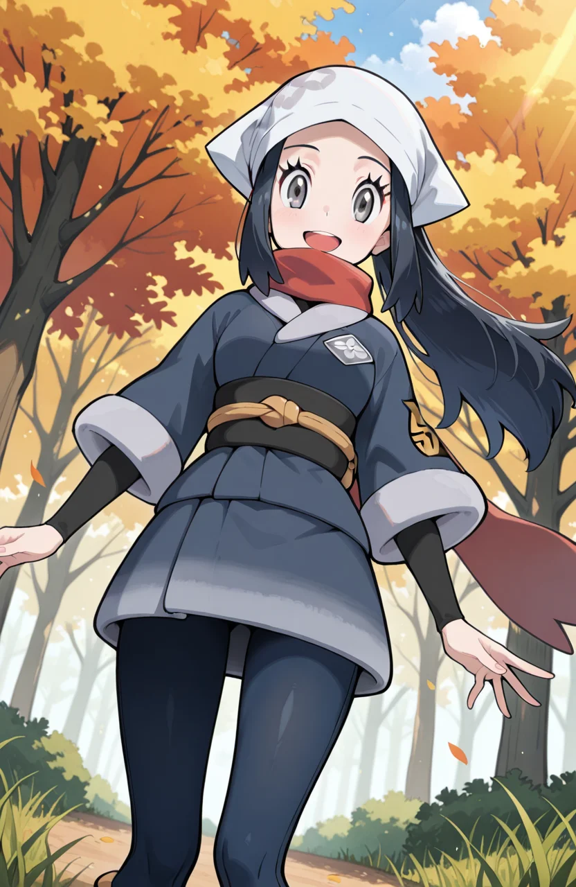 masterpiece, best quality, newest, (sugimori ken \(style\):0.5), pokemon screencap, 1girl, <lora:Akari_-_Pokemon_Illustrious:1>, akari, grey eyes, eyelashes, black hair, long hair, head scarf, galaxy expedition team survey corps uniform, scarf, white headwear, pantyhose, sidelocks, jacket, red scarf, sash, skirt, perfect eyes, breast, shiny skin, smile, open mouth, looking at viewer, grass plain, autumn, trees, forest, scenery, erotic, from below, dynamic angle, perfect anatomy