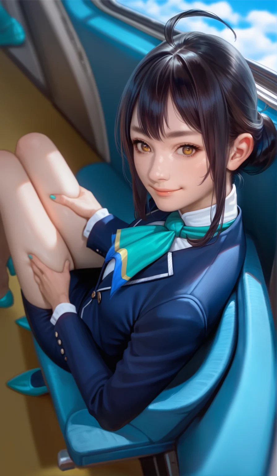 score_9,score_8_up,score_7_up,
<lora:xinxianying:0.9>,xinxianying,
highres,photorealism,bloom,
1girl,solo,black hair,updo,bangs,ahoge,yellow eyes,looking at viewer,smile,dark blue blazer,white undershirt,dark blue pencil skirt,teal neckerchief,cyan heels,
sitting,on chair,from above,hands on legs,
elegant,
blurry background,
indoors,airplane interior,
blue sky,cloud,in air,
light particlest,Lens Flare,