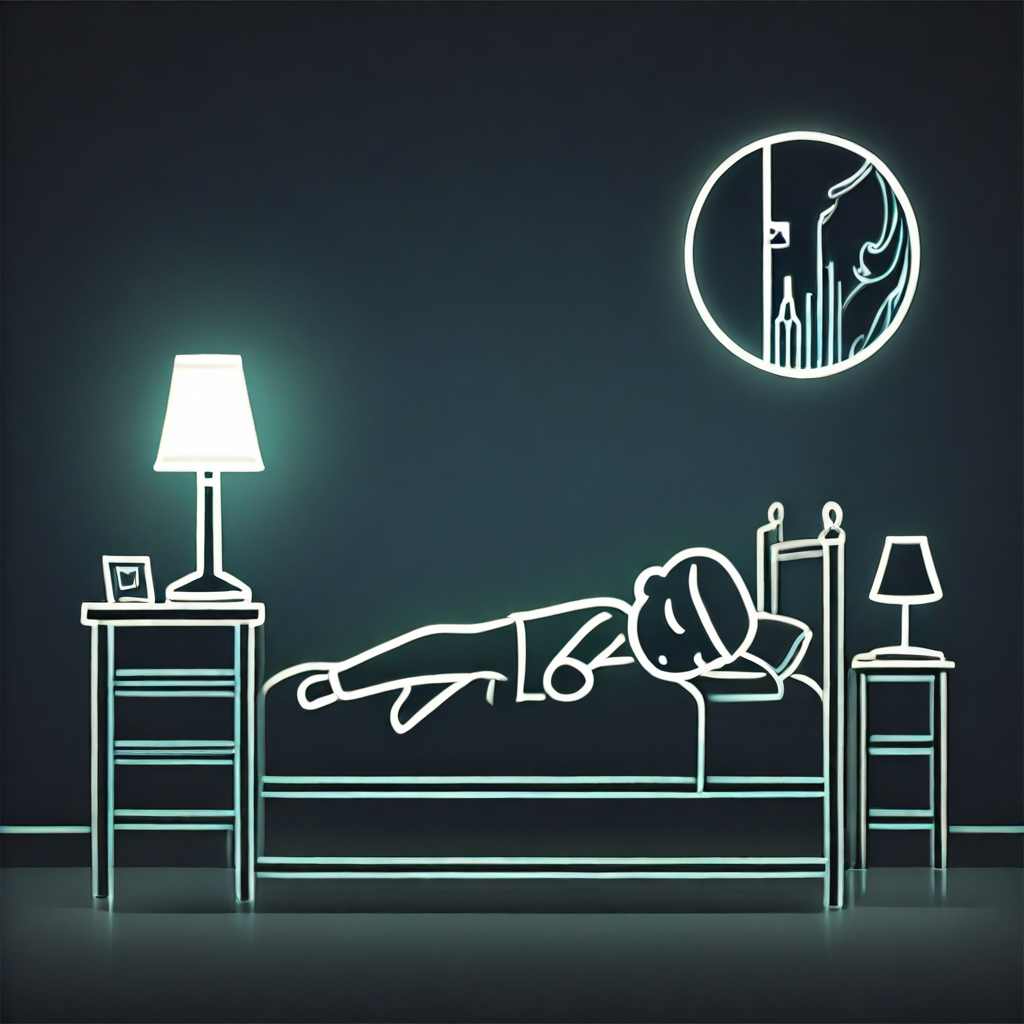 Glowline_Figures, 1boy, sleep, bed, lamp, picture frame,