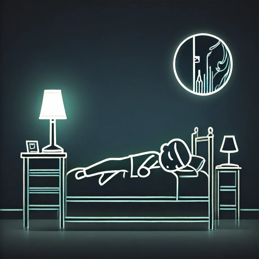 Glowline_Figures, 1boy, sleep, bed, lamp, picture frame,