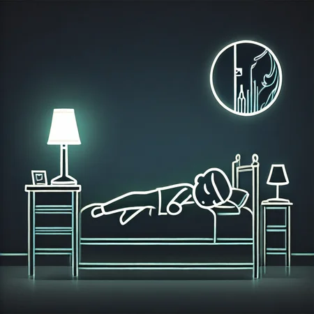 Glowline_Figures, 1boy, sleep, bed, lamp, picture frame,
