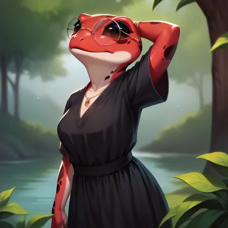 (((detailed, beautiful, high quality))), score_9, score_8_up, score_7_up, solo,
grungrace, anthro frog,
1 girl, female focus, red skin, glasses, black dress, spots,
looking at the viewer, posing,
blurred background, fantasy background,