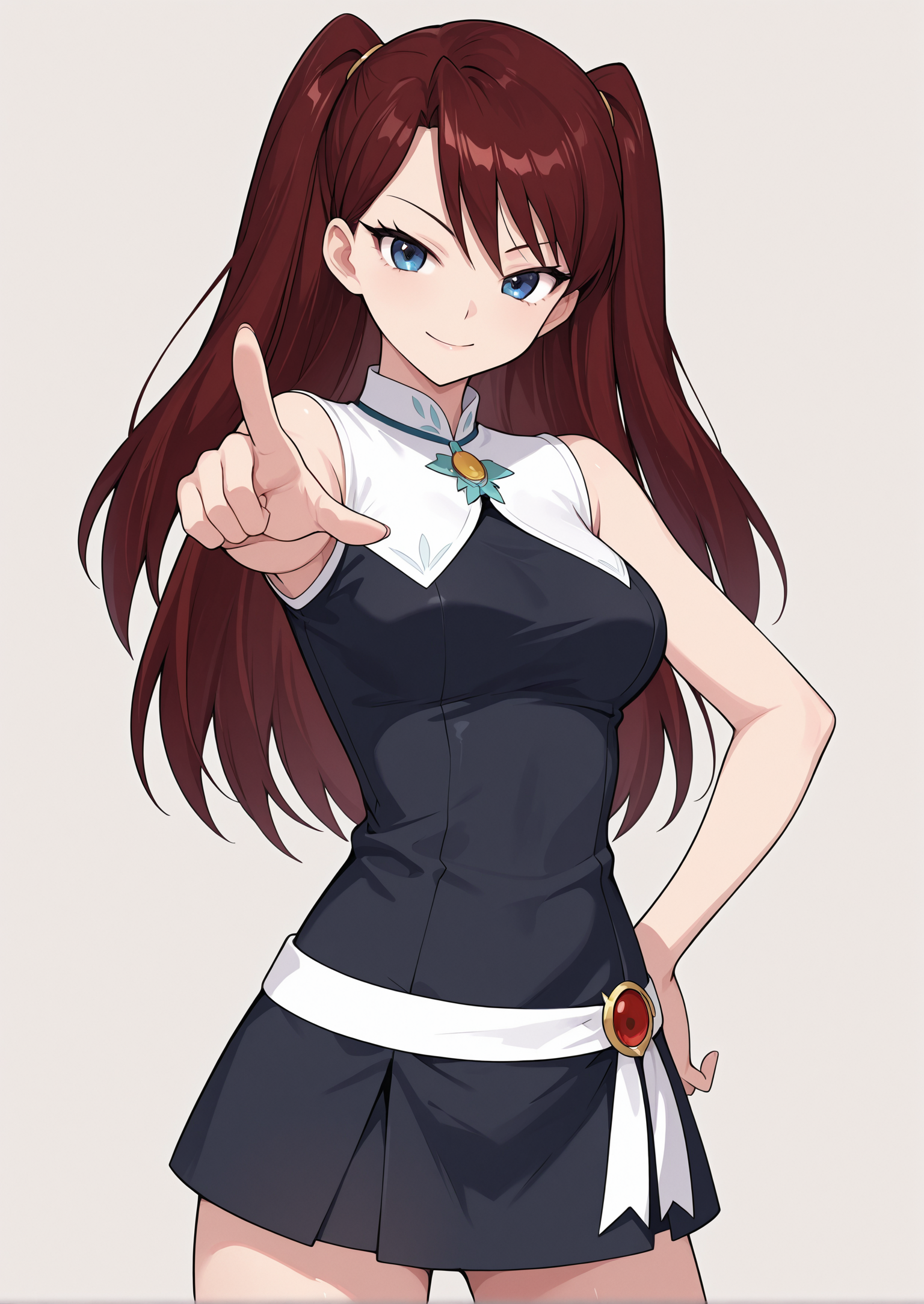 SimplepositiveXLv1, IllusP0s, anime, simple background, cowboy shot, 
BREAK
 1girl, solo, <lora:Eri_Shinkai_Aika_R-16:1> EriR16, dark red hair, blue eyes, tsurime, eyelashes, two side up, dress, smile, pointing,