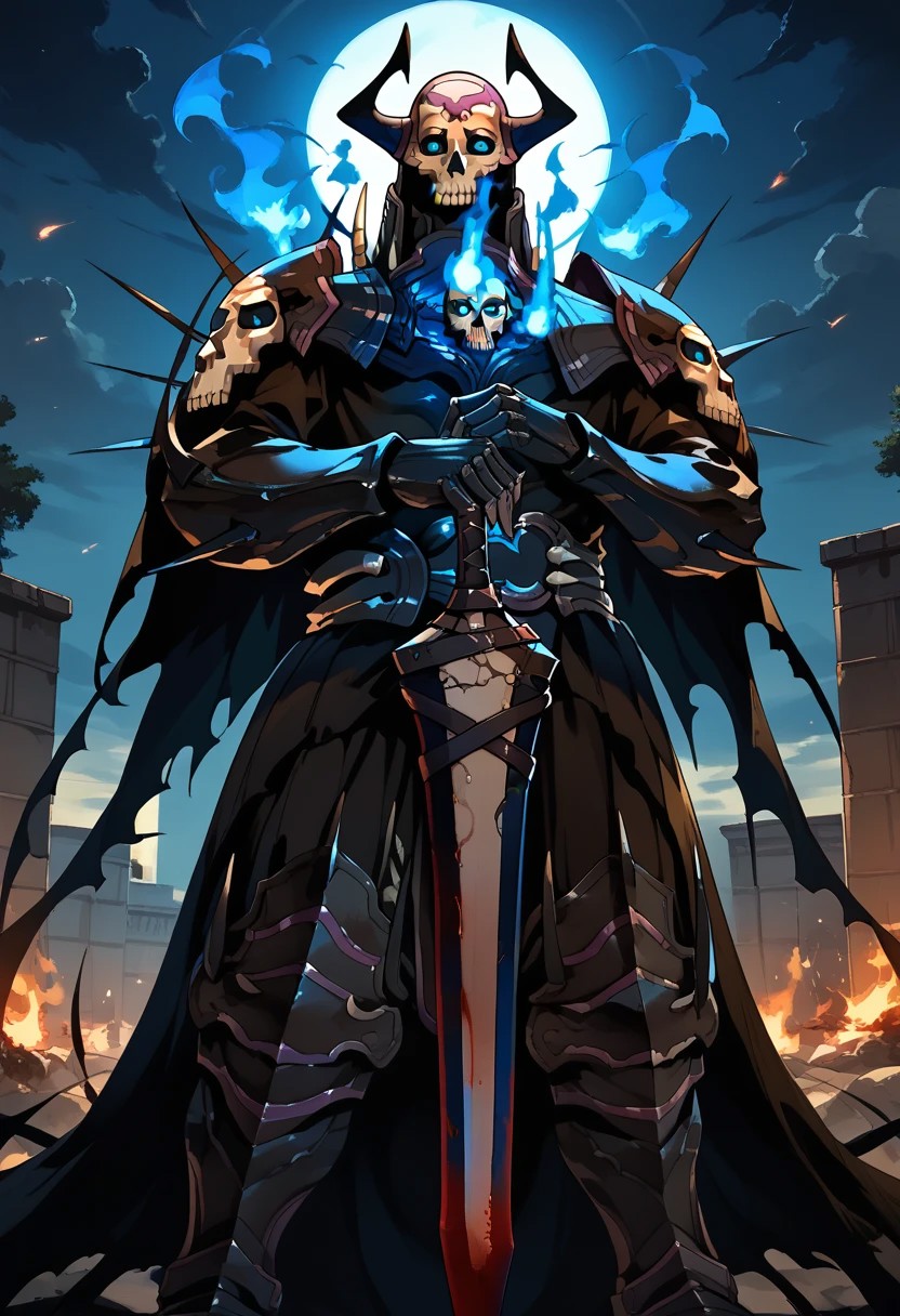 score_9,score_8_up,score_7_up,source_anime, king_hassan_(fate),1boy,holding,weapon,male focus,multiple boys,horns,sword,2boys,holding weapon,armor,blood,mask,glowing,holding sword,helmet,fire,glowing eyes,cloak,spikes,skull,blue fire,black armor,skull mask,