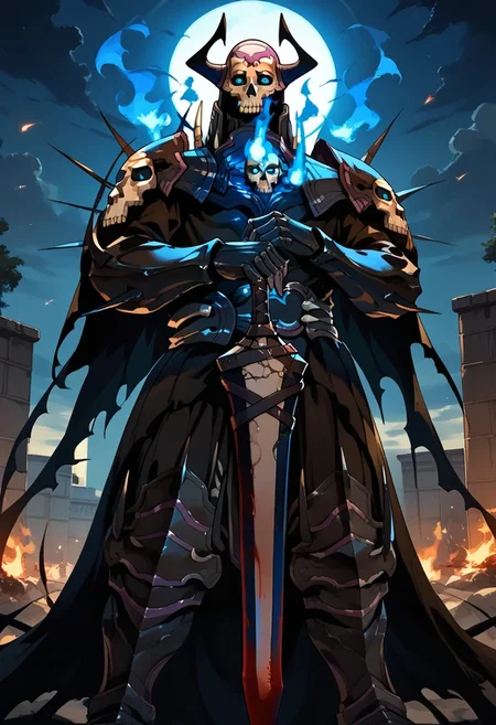 score_9,score_8_up,score_7_up,source_anime, king_hassan_(fate),1boy,holding,weapon,male focus,multiple boys,horns,sword,2boys,holding weapon,armor,blood,mask,glowing,holding sword,helmet,fire,glowing eyes,cloak,spikes,skull,blue fire,black armor,skull mask,