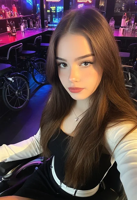 score_9, score_8_up, score_7_up, score_6_up, hyper-realistic, realism, realistic, real life, photorealistic, detailed, highest quality, masterpiece, paralyzed, rsgrl, russian girl, 1girl, igbaddie, (quadriplegia:1.5), (paralysis:1.5), wheelchair girl, sitting, (wheelchair:1.4), powered wheelchair, sitting in a wheelchair, long hair, looking at viewer, eyeliner, lips, solo, brown hair, black eyes, slim, reflective skin, realistic, closed mouth, nightclub, moscow, dark lighting,