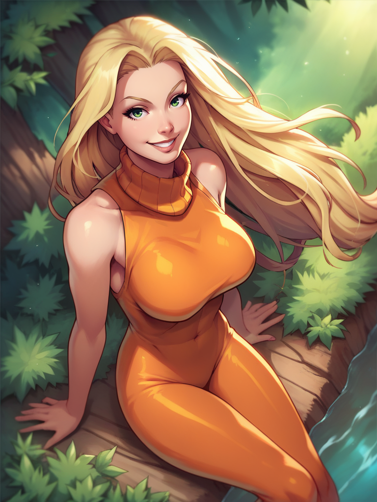 score_9, score_8_up, score_7_up, 1girl, sitting, forest, vegetation, detailed background, smile, looking at viewer, smile, cowboy shot, (dynamic pose:1.1), dynamic angle, v, from above,
 <lora:Meggan_character:0.85> MegganX, blonde hair, long hair, green eyes, large breasts, curvy, bare shoulders, (orange bodysuit:1.1), sleeveless, turtleneck, floating hair,