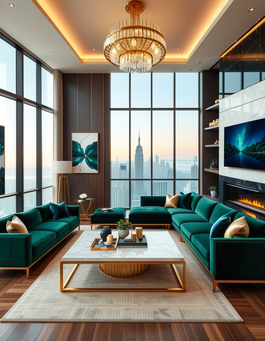 A lavish and modern luxury living room with a spacious open layout. The room features a grand chandelier with crystal details hanging from a high ceiling. Plush velvet sofas in deep emerald green and navy blue are arranged around a sleek marble coffee table with gold accents. The floor-to-ceiling windows allow natural light to flood the space, revealing a breathtaking city skyline in the background. A contemporary fireplace with a sculptural design adds warmth, while elegant artwork and designer decor pieces complete the sophisticated ambiance. The lighting is soft and ambient, creating a cozy yet opulent atmosphere.
<lora:SDXLFaeTastic2400:0.4> <lora:extremely_detailed:0.4> extremely detailed,  <lora:luxurious_l1v1ng_r00m:1>,luxurious l1v1ng r00m, Masterpiece,best quality,hi res,8k,hi res,8k,award winning,(sharp focus, intricate, highly detailed),