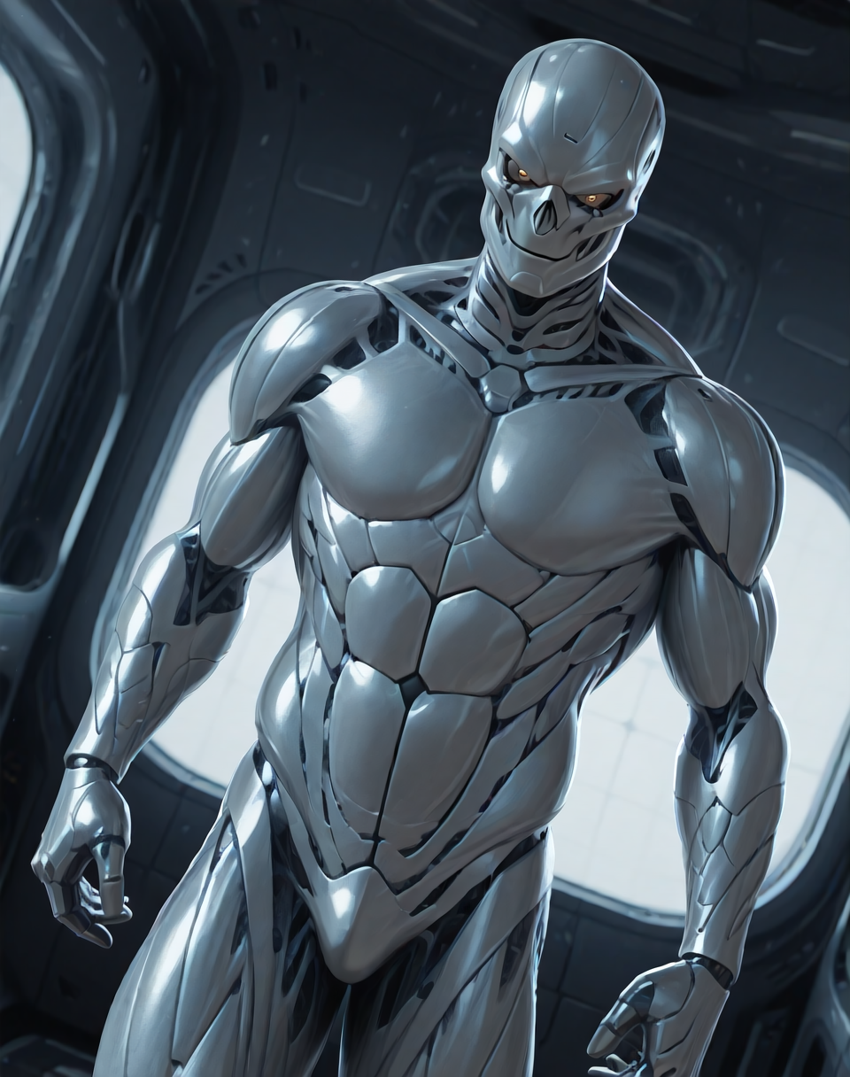 <lora:T_3000_(Terminator)_(Illustrious)_(AD):1.35> T 3000, muscular, robot, 
((
interior, science fiction, 
dutch angle, dynamic action, male focus, solo, fully armored, villain, sexy male physique, solo, powerful, superiority, hyper muscular, 
)),
BREAK: very awe, aesthetically pleasing, masterpiece, best quality, amazing quality, very aesthetic, depth of field, absurd details, depth of field, atmospheric rendering, natural shading, soft shading, 
BREAK: lazympos, lazypos (3),