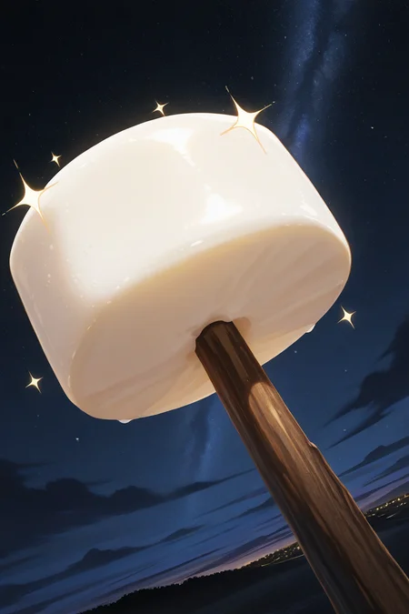 realistic shading, natural lighting, food focus, dafoodie, sparkling food focus, sparkle, marshmallow on a stick, s'more, night sky, starrky sky, dutch angle, dynamic angle, intricately detailed illustration, depth of field, atmospheric perspective, masterpiece, best quality, amazing quality, very aesthetic, absurdres, newest