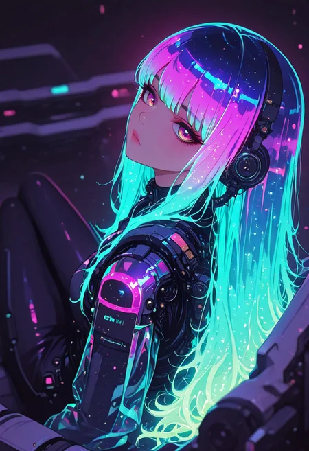 masterpiece, best quality, good quality, very aesthetic, absurdres, newest, 8K, depth of field, focused subject,
dynamic angle, from above, almost side view, wabi sabi, 1girl, holographic, holofoil glitter, faint, glowing, ethereal, neon hair, glowing hair, long hair, looking at viewer, relaxing, sci-fi,xxx667_illu