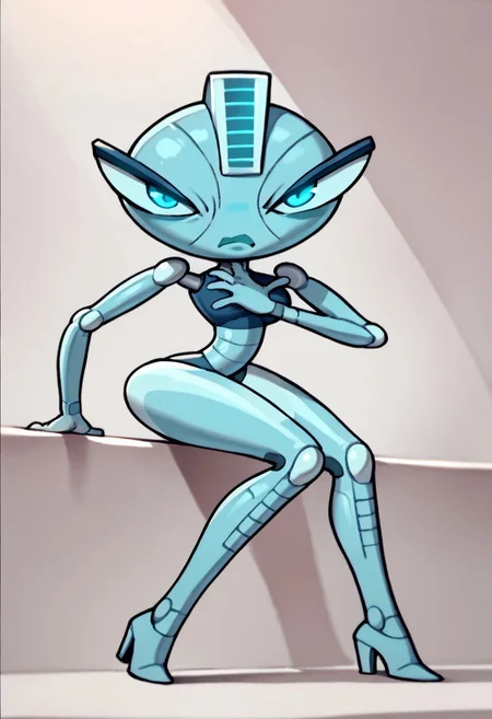 score_9, score_8_up, score_7_up BREAK MonaLethal, 1girl, robot girl, metal body, blue eyes, staring at viewer, angry, full body,