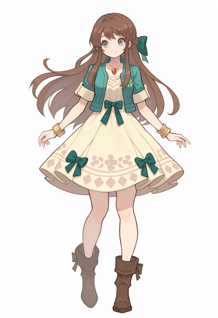 masterpiece, best quality,  <lora:Alpaca:1> 4lp4c4,  1girl, solo, dress, braid, brown hair, white background, long hair, jacket, boots, smile, green eyes, simple background, short sleeves, bow, ribbon, bracelet, full body, jewelry, sidelocks