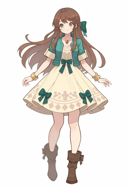 masterpiece, best quality, <lora:Alpaca:1> 4lp4c4, 1girl, solo, dress, braid, brown hair, white background, long hair, jacket, boots, smile, green eyes, simple background, short sleeves, bow, ribbon, bracelet, full body, jewelry, sidelocks