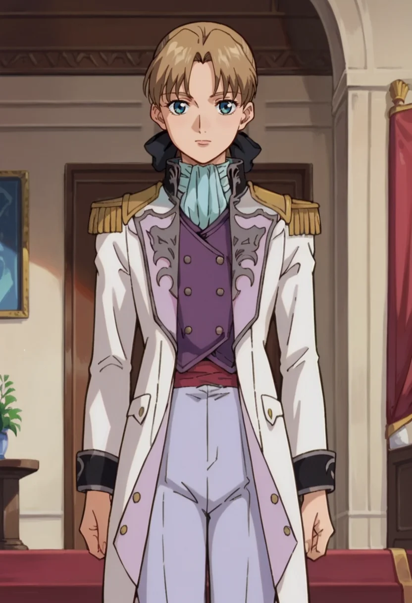 score_9,score_8_up,score_7_up,score_6_up,score_5_up,score_4_up,anime coloring BREAK source_anime,anime,<lora:Relena_Darlian_Gundam_Wing_Pony:0.8>,relena,1girl,solo,blue eyes,brown hair,parted bangs,ponytail,hair ribbon,purple shirt,ascot,white coat,white pants,standing,indoors,