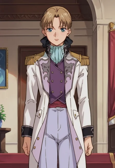 score_9,score_8_up,score_7_up,score_6_up,score_5_up,score_4_up,anime coloring BREAK source_anime,anime,<lora:Relena_Darlian_Gundam_Wing_Pony:0.8>,relena,1girl,solo,blue eyes,brown hair,parted bangs,ponytail,hair ribbon,purple shirt,ascot,white coat,white pants,standing,indoors,