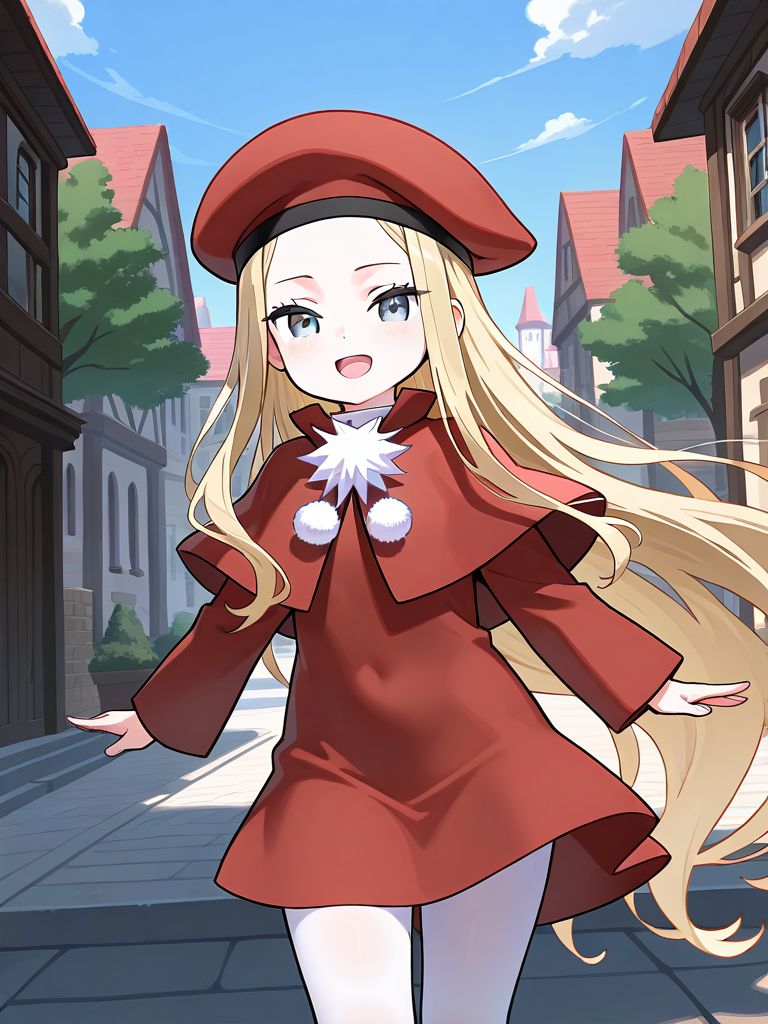 <lora:Belfraw_Martini_IS:1>Belfraw_Martini, 1girl, solo, very long hair, blonde hair, greyeyes, black eye,red beret, bangs, short stack, 
1girl, solo,  open mouth, pom pom (clothes), capelet, 
sky, :d, looking at viewer, long sleeves, white pantyhose, red dress, outdoor, town, tree, smile, looking at viewer, cowboy_Shot,