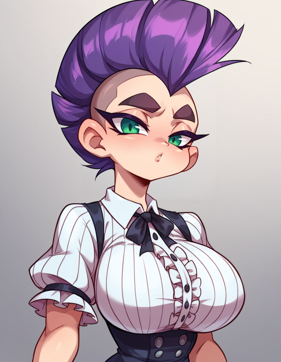 score_9, score_8_up, score_7_up, score_6_up, score_5_up, score_4_up, 1girl, solo, upper body, close-up, 
 <lora:Ploxy v1:0.8> Ploxy, thick eyebrows, purple hair, mohawk, green eyes, big breasts, looking at viewer,
fluffy frilled shirt, grey suspender skirt, double vertical stripe thighband pantyhose, wedge heels,