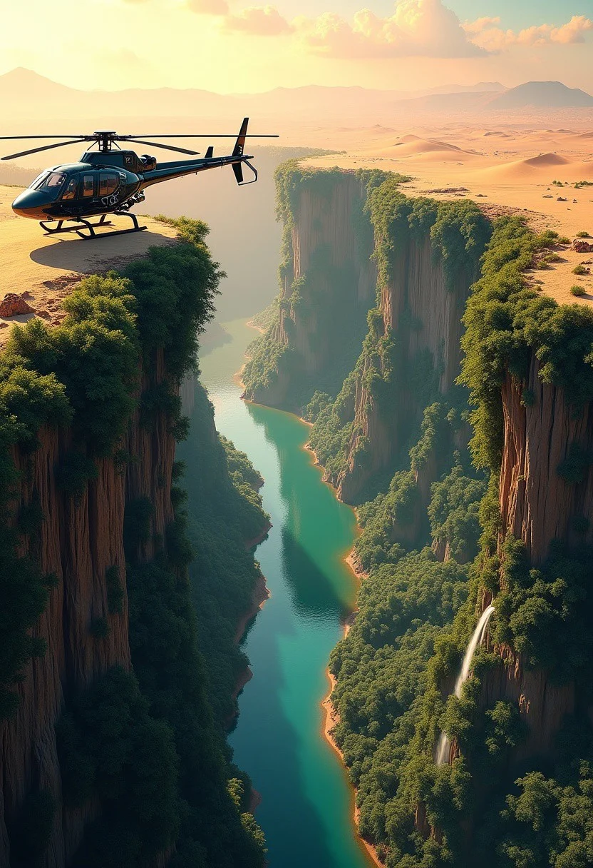 Visualize a stunning, otherworldly landscape where a vast, sandy desert plateau transitions into an immensely deep canyon filled with lush, jungle-like vegetation. The canyon walls are adorned with cascading vines, dense tropical foliage, and small waterfalls, creating a vibrant, green oasis starkly contrasting the arid desert above. A sleek, futuristic helicopter with intricate mechanical designs hovers to the side of the frame, partially visible, to emphasize the scale of the scene. Below, a meandering turquoise river cuts through the jungle-filled canyon, reflecting the golden and pink hues of a serene sunset sky. The upper desert plateau is expansive and barren, with rolling dunes fading into the horizon. The composition blends the raw, untamed beauty of nature with the advanced technology of the helicopter, highlighting the juxtaposition of life and desolation, nature and technology.