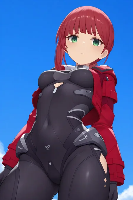 <lora:yayoisteller_ilxl:0.9>masterpiece, best quality, yayoisteller_ilxl, 1girl, solo, red hair, green eyes, looking at viewer, cowboy shot, black bodysuit, blue sky, red jacket, standing, from below, clothing cutout,