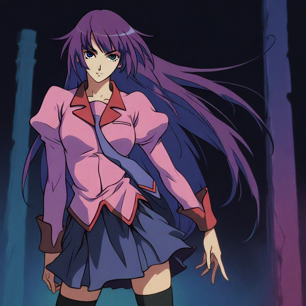 dark_fantasy_style, retro, 1girl, solo, alone, hitagi senjougahara, bangs, long hair, blue eyes, purple hair,skirt, thighhighs, school uniform, necktie, black thighhighs, zettai ryouiki, naoetsu high school uniform, masterpiece, highres
