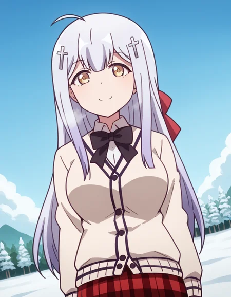 score_9, score_8_up, score_7_up, source_anime, <lora:raphiel-shiraha-ainsworth-s1-ponyxl-lora-nochekaiser:1>, raphiel shiraha ainsworth, long hair, ahoge, white hair, hair ornament, cross hair ornament, yellow eyes, large breasts,, skirt, school uniform, plaid, kneehighs, plaid skirt, cardigan, bow, black bow, bowtie, white cardigan, red skirt,, snow day, winter clothes, snowball fight, laughter, cold breath, white landscape, smile, looking at viewer, hand palm facing up, solo,, cowboy shot, dutch angle
