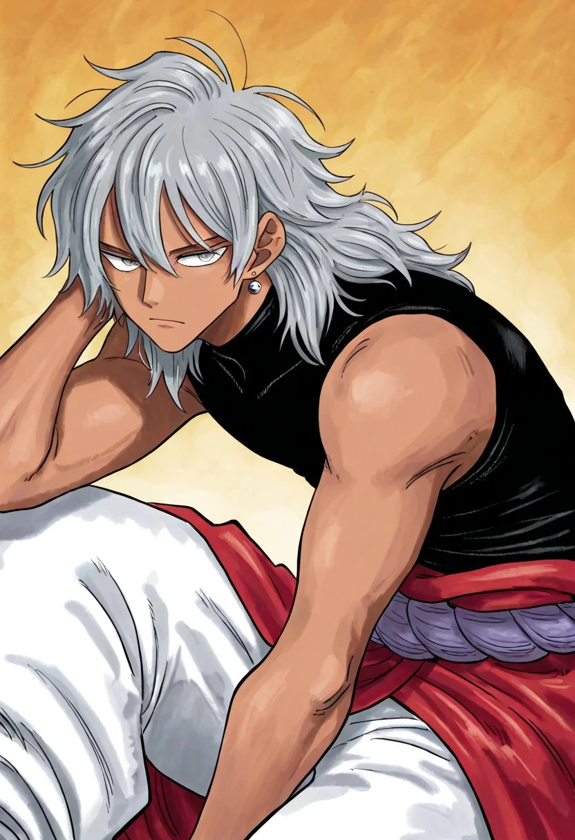 lazympos, 1boy, solo, male focus, tan skin, messy hair, hair down, hair between eyes, medium hair, hair strands, earrings, drop earrings, silver earrings, sleeveless shirt, black shirt, turtleneck, red garb, garb on shoulder, baggy pants, white pants, rope belt, light grey hair, grey eyes