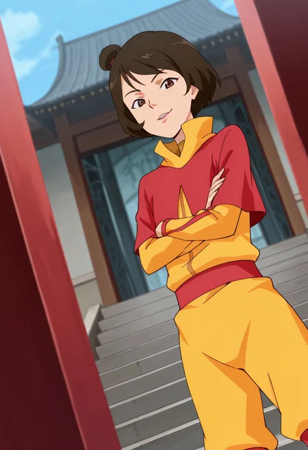 j1n0r2il, 1girl,playful smile, defined lips, air_robes, yellow onesie, red capelet, red belt, yellow pants, red boots,
1 girl, , cowboy shot, smirk, arms crossed, outside, temple dutch angle, posing
solo, alone
looking at viewer
nyuu_style