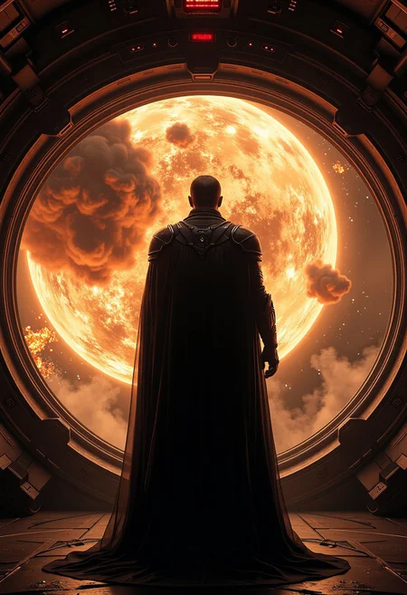bo-abyss, aidmaMJ6.1, sci-fi inspired photo of the most evil man in the universe standing in front of a large window in a star destroyer space ship viewing his handywork as a planet explodes. the man is wearing a lightly armored uniform, his silhouette is lined with a light black smoke-like aura, and the lighting in the ship is dim and eerie, conveying a feeling of evil and malevolence.