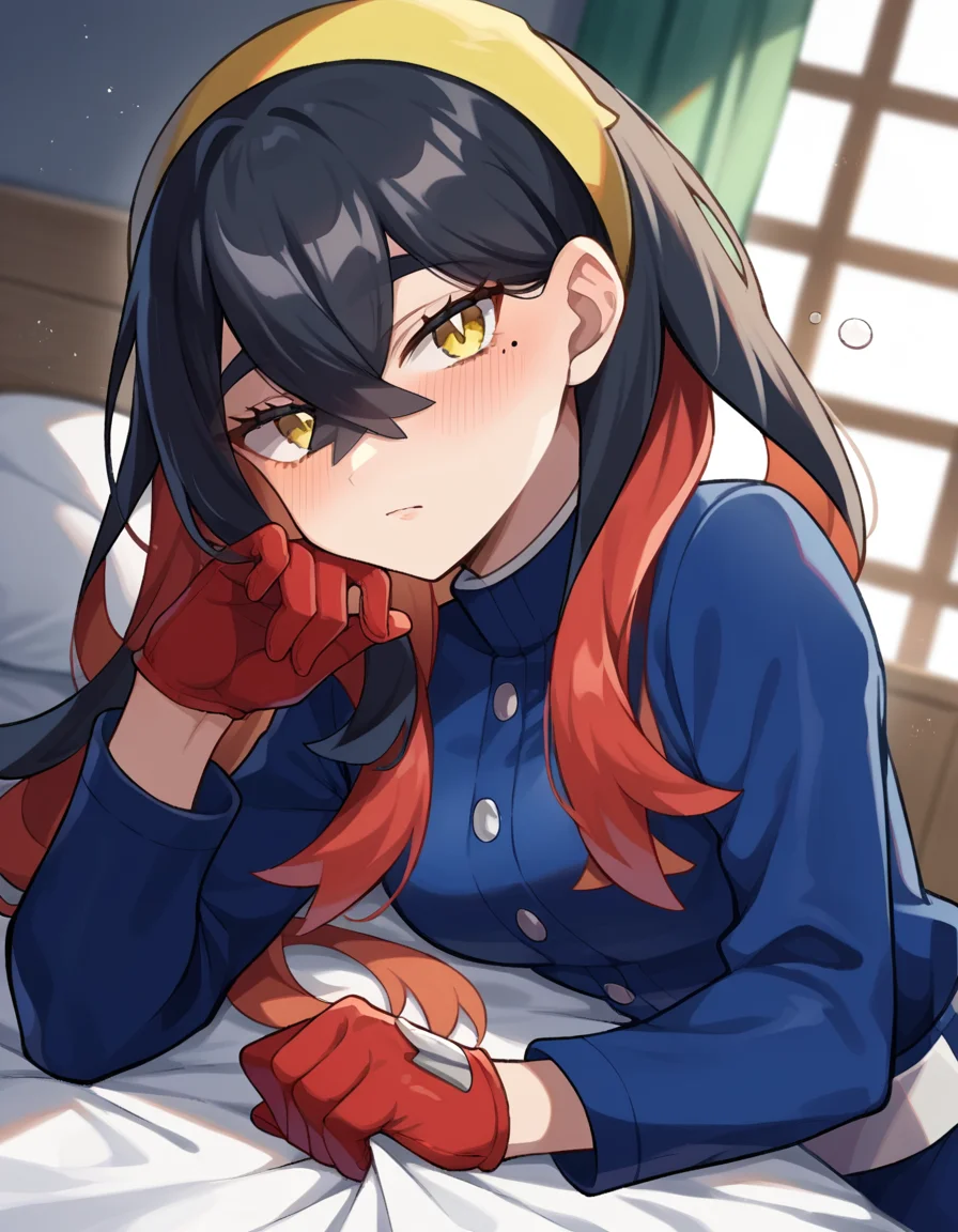 score_9, score_8_up, score_7_up, source_anime,
pokemoncarmine, <lora:pokemon-carmine-ponyxl-lora-nochekaiser:1>
pokemoncarmine, black hair, colored inner hair, crossed bangs, hair between eyes, hairband, long hair, mole, mole under eye, multicolored hair, red hair, sidelocks, two-tone hair, yellow eyes, yellow hairband,
buttons, long sleeves, jacket, gloves, red gloves, pants, belt, blue pants, blue jacket,
indoors, bed, bed room, on side, blush, drunk,
looking at viewer, cowboy shot, dutch angle,