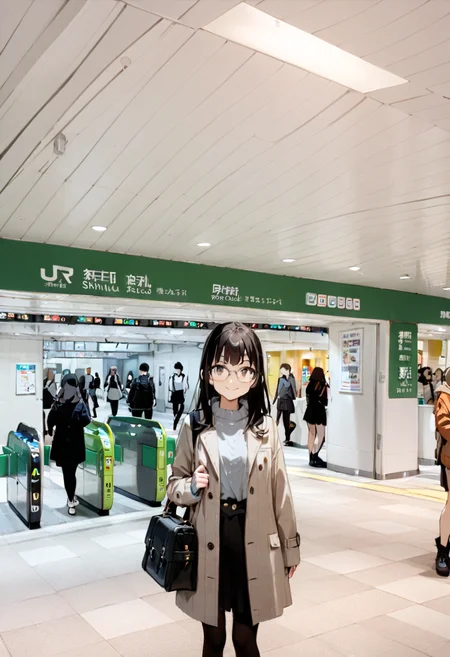 1girl, solo, glasses, black hair, long hair, duffle coat, black bag, smile, looking at viewer, solo focus,
higashikaisatsu, shinjuku, entrance, scenery, indoors, real world location
masterpiece, best quality,  <lora:shinjuku_higashiguchi_SDXL_V1:0.8>