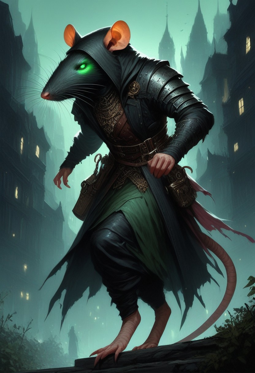 BREAK score_9, score_8_up, score_7_up,  victorian city, night, ominous, solo,  rat man, black longcoat, wearing goggles, green glow eyes, hood, dynamic pose, leaning forward, fully body shot , leather armour, sneaking, full body shot, (tail: 1.5)
(masterpiece, best quality, ultra detailed, intricate details:1.2), (detailed face:1.1), (rat folk:1.5)
