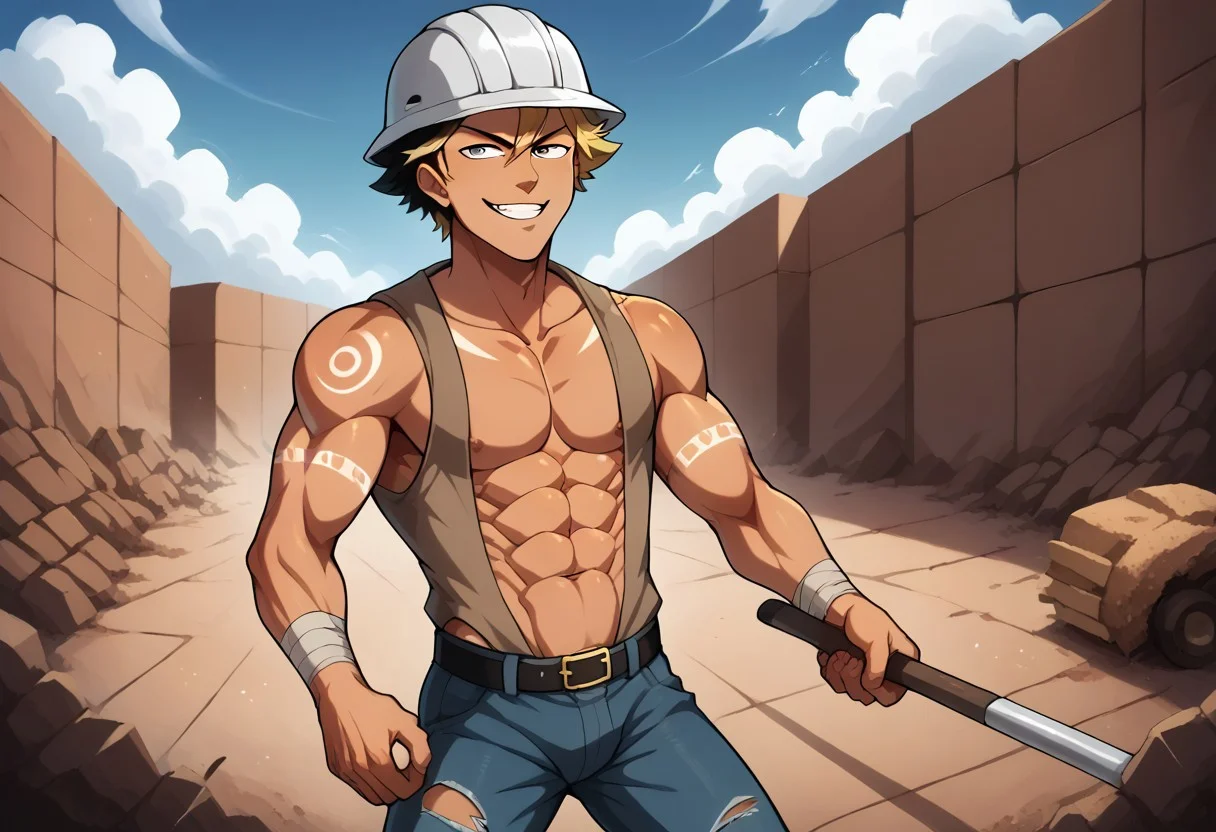 score_9, score_8_up, score_7_up, best quality, amazing quality, best aesthetic, 8 k, 1 young adult man, toned, two-tone hair, blonde hair, black hair, tribal tattoos, abs, exposed nipples,
open reflective vest, hard hat, tank top, torn jeans, boots, sledge hammer, construction site, parted lips, smug smirk, smile, looking at viewer, long cowboy shot, epic masculine pose,