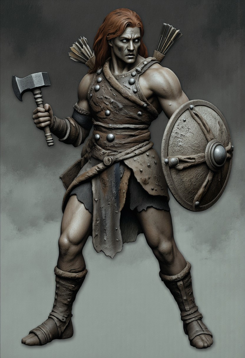 aidmaMJ6.1, Made out of paper, a PaperStyle , d4artstyle, d4concept, , d00mstyle, made of clay, ZBClay model of a gray sculpture
A rugged warrior with a powerful stance, dressed in studded leather armor that covers the torso, arms, and legs. The armor is reinforced with metal rivets, providing a blend of flexibility and protection. The warrior has long, flowing red hair that adds a wild and untamed look to their appearance. In one hand, they wield a sturdy war hammer, while the other holds a large, weathered shield with signs of battle wear. A bow and quiver of arrows are slung over their back, indicating versatility in combat. The expression is determined, with piercing eyes that convey a readiness for battle. The overall design emphasizes a mix of strength, resilience, and practicality, showcasing the character's role as a seasoned fighter.
Background solid color with a faded dimly lit, fog-covered darkness tone that emphasizes its silhouette. 
 The medium is not a traditional painting or illustrative medium like watercolor or ink but rather a digital rendering, eerie and unsettling.