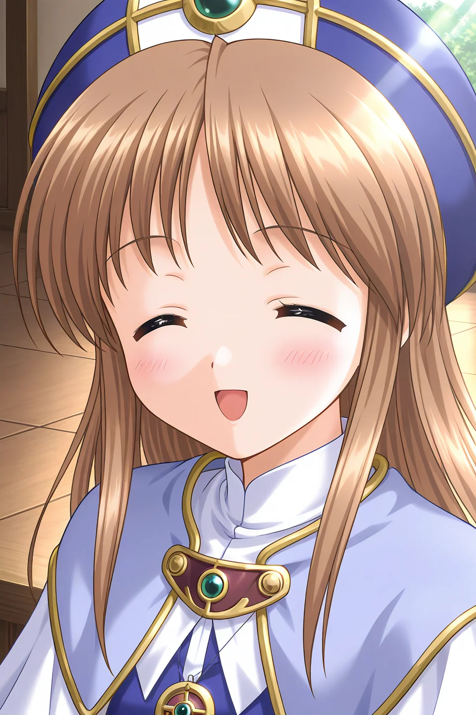 masterpiece, best quality, absurdres, official art, official style, rating general BREAK <lora:sylphycloud_IL_v1-1:0.7>, sylphy cloud, 1girl, solo, blue eyes, brown hair, long hair, bangs, flat chest, priest, hat, blue headwear, gem, brooch, turtleneck, pendant, layered capelet, light purple capelet, white capelet, robe, blue dress, long sleeves, upper body, close-up, indoors, cross, sunlight, lily pad, portrait, scenery,
blush, :d, ^o^, closed eyes, facing viewer, happy, looking at viewer, open mouth, smile