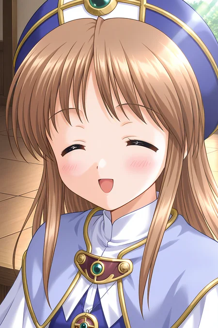 masterpiece, best quality, absurdres, official art, official style, rating general BREAK <lora:sylphycloud_IL_v1-1:0.7>, sylphy cloud, 1girl, solo, blue eyes, brown hair, long hair, bangs, flat chest, priest, hat, blue headwear, gem, brooch, turtleneck, pendant, layered capelet, light purple capelet, white capelet, robe, blue dress, long sleeves, upper body, close-up, indoors, cross, sunlight, lily pad, portrait, scenery,
blush, :d, ^o^, closed eyes, facing viewer, happy, looking at viewer, open mouth, smile