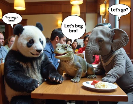 Amateur photography of a baby panda, a baby elephant, and a small Komodo dragon seated together in a cozy indoor restaurant, creating an unexpected and playful scene. The baby panda, with its fluffy black-and-white fur, sits on the left, leaning slightly forward, one paw resting on the wooden table. Its wide eyes are full of curiosity, and a speech bubble above its head reads, "Yo you got buzz?" Next to it, the baby elephant, with its wrinkled grey skin and tiny tusks, sits calmly, gazing back at the panda with a playful expression. A speech bubble above the elephant says, "Let's beg bro." In the center of the table, a small Komodo dragon, with its scaly green-brown skin and forked tongue slightly visible, sits confidently between them, a speech bubble floating above its head, saying, "Let's go." The restaurantâs warm, inviting atmosphere is accentuated by soft lighting from pendant lamps that cast a golden glow across the wooden furniture. In the background, human patrons are visible, engaged in quiet conversations at other tables, adding a subtle, lively backdrop. Every detail, from the texture of the Komodo dragonâs scales to the cozy ambiance of the restaurant, is vividly rendered, creating a lifelike and humorous depiction of this charming scene. on flickr in 2007, 2005 blog, 2007 blog <lora:amateurphoto-v3.5-000052:0.9>