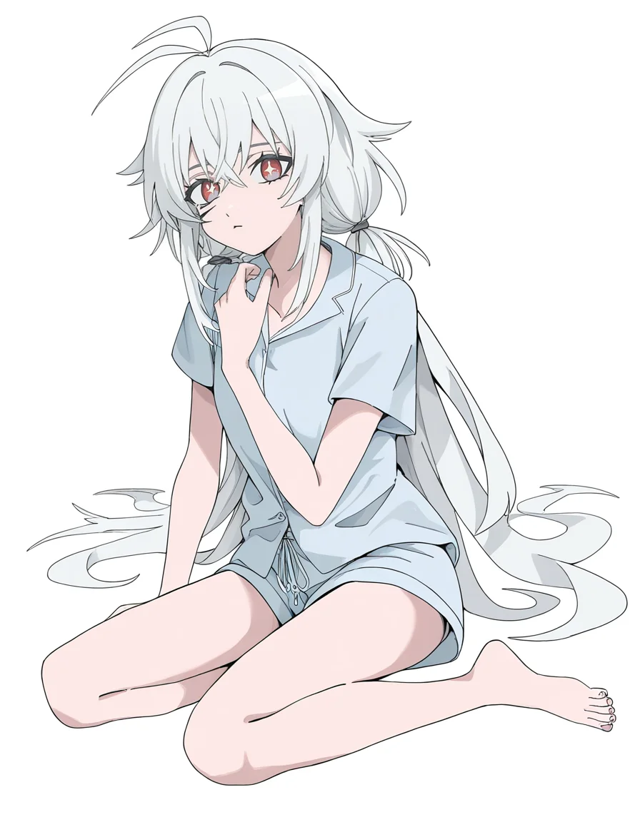 (haku_geroda:0.7),white background,simple background,looking at viewer,pajamas,full body,
spfaniya,1girl,solo,white hair,red eyes,facial mark,antenna hair,symbol-shaped pupils,+ +,bangs,hair between eyes,small breasts,<lora:spfaniya_noob:0.75>,
masterpiece,best quality,very aesthetic,absurdres,