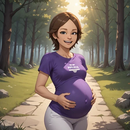 score_9, score_8, BREAK, solo, wii, mii, wii fit, 1girl, female mii, brown hair, dark blonde eyebrows, black eyes, half circle nose, open mouth, teeth, purple clothing, white pants, barefoot, cute, Maeda_(\Wii_Fit\), small breasts, Nintendo Mii, modern_mii, classic_mii, (((pregnant))), adult female, mature female, sexy pose, self portrait, smile, outdoors, sunlight, shadows, evening lighting, natural lighting, forest, trees, grass, orange sky, sunset