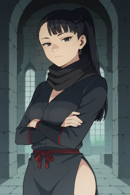 score_9, score_8_up, score_7_up, source_anime, 1girl, prefect lighting, very aesthetic, intricate details, highly detailed background, masterpiece, high quality, prefect hands, best quality, solo,
<lora:Hien_Dungeon_Meshi_V2:.85>, KJOhien, black hair, dark eyes, asymmetrical bangs, ponytail, mole under eye, big nose, half-closed eyes,
ninja outfit, long sleeves, wrist guards, side slit, thighhighs, scarf,
crossed arms, looking at viewer, expressionless, head tilt,
dungeon, ruins, dimly lit,
(Beautiful, medium Breasts:1.2), natural breasts,