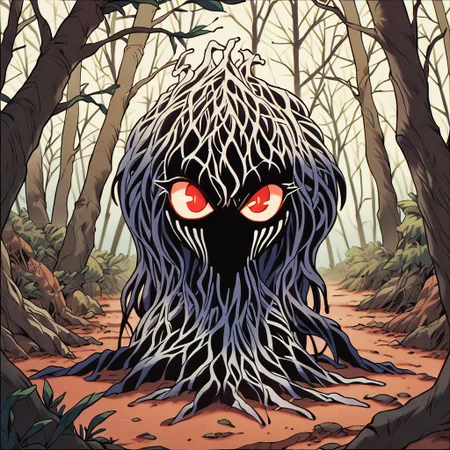 score_9, score_8_up, score_7_up,score_6_up, score_5_up, score_4_up,source_anime,retro artstyle,halftone effect,epic,intricate linework,no humans,creature focus,a black furred barghest with glowing red eyes skulking in the woods,full body,outdoors,forest,horror