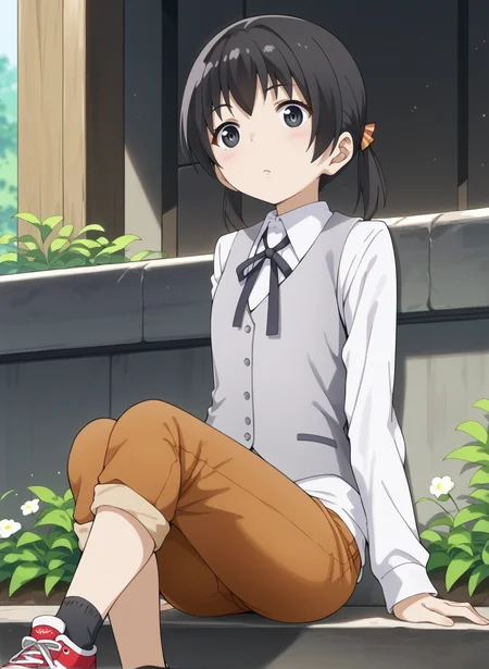 (score_9,score_8_up,score_7_up,source_anime,anime,nsfw,rating_explicit,uncensored),(High quality, Ultra detailed, best quality, insanely detailed, beautiful, masterpiece,perfect lighting) BREAK
<lora:kuramoto_chinatsu_V1:1>,(kuramoto_chinatsu, black eyes, black hair, long hair, short twintails, capri pants, brown pants, grey vest, ribbon, white shirt, long sleeves, black socks, sneakers),1girl,solo,giggling,sitting,outdoors,from_below,,looking_at_viewer,