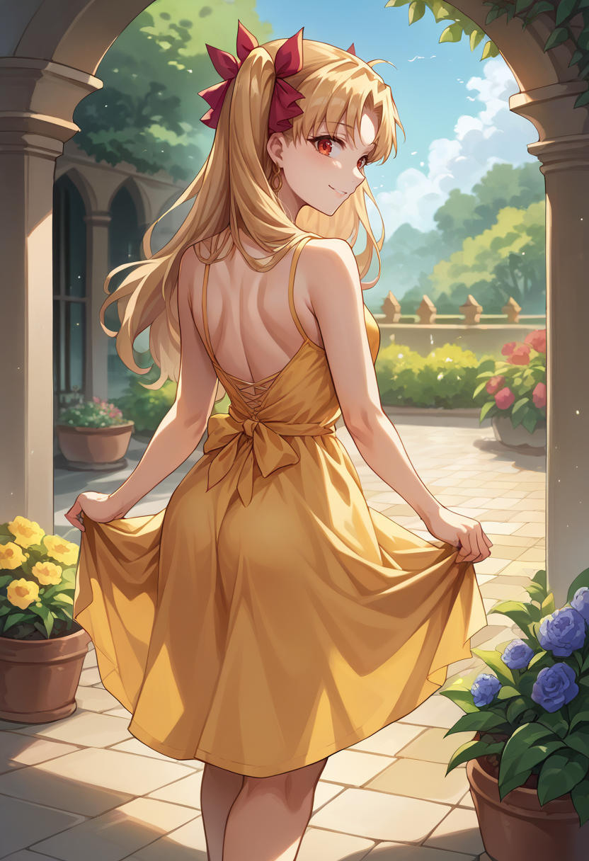 score_9, score_8_up, source_anime, Ereshkigal, two side up, hair ribbon, from behind, yellow sundress, garden, day, sunshine, smile, looking back, <lora:CHAR-EreshkigalPonyXL:1>