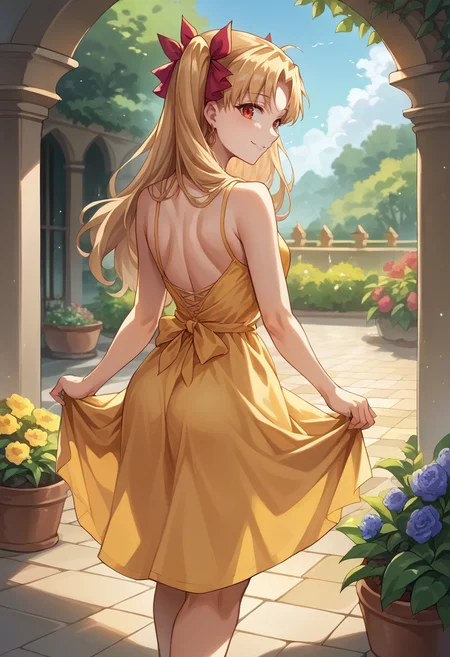 score_9, score_8_up, source_anime, Ereshkigal, two side up, hair ribbon, from behind, yellow sundress, garden, day, sunshine, smile, looking back, <lora:CHAR-EreshkigalPonyXL:1>