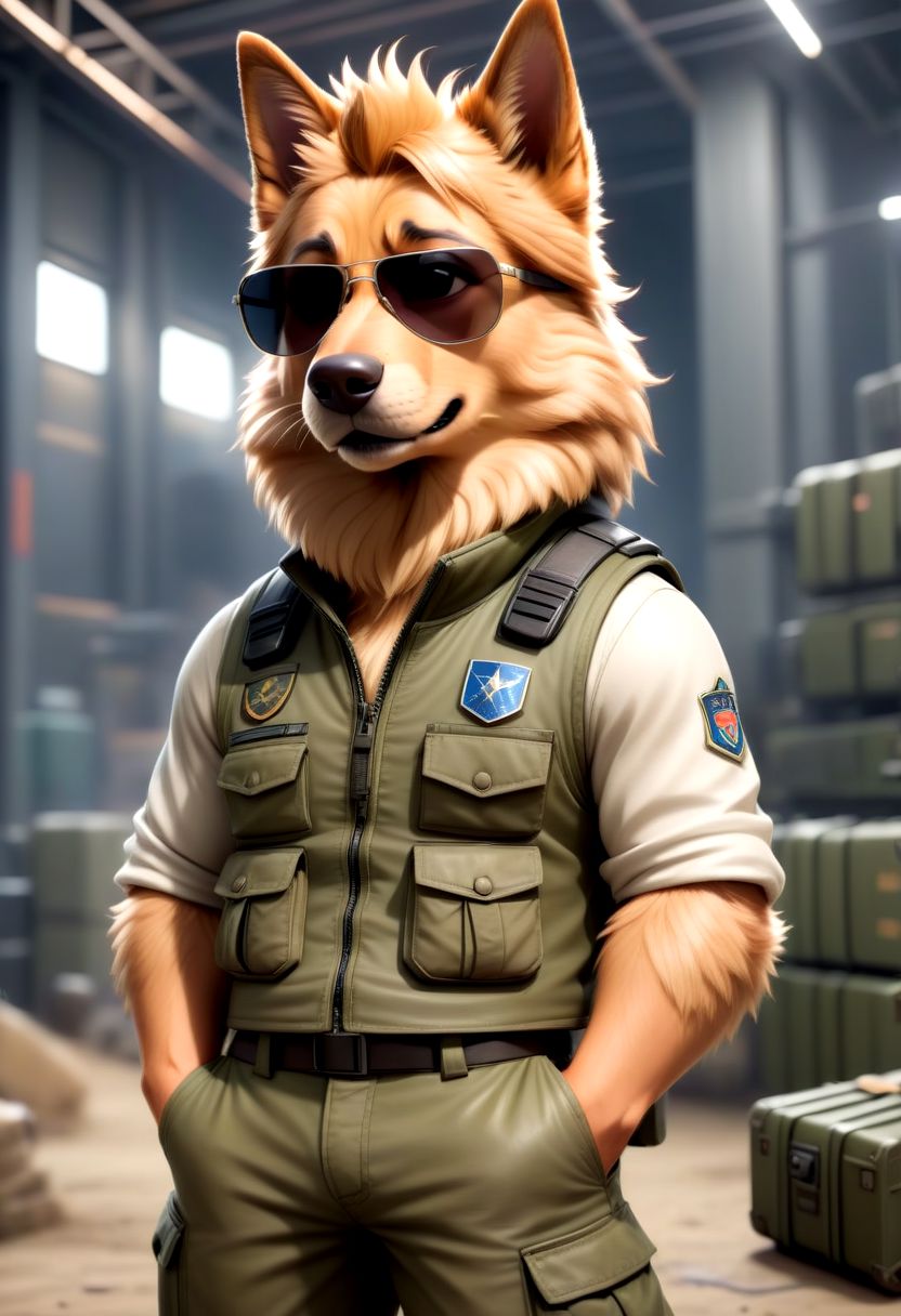 (best quality, 8K, high resolution, masterpiece), ultra detailed, (3D CGI), one pair of avaitor sunglasses, ((German Sheppard, anthro)), flight line, tactical vest, cargo pants, tanks in background, crosstoon style