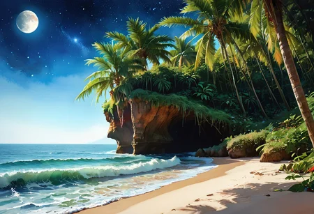 high res, score_9, score_8_up, score_7_up, score_6_up, score_5_up, score_4_up, fantasy style, seaside, tropical, masterpiece, best quality, fantasy world magical landscape. Realistic with intricate details, a starry sky over a quiet forest with a babbling brook, no humans, night, watercolor, waves, moon,